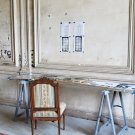The gluing station in the Atelier. The graffiti on the left is from children.  The Chateau was used as a children's camp during the 1960's.